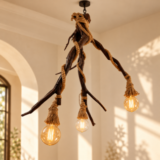 Χειροποίητο κρεμαστό φωτιστικό Rustic Roots από φυσικά ξύλινα κλαδιά και σχοινί με τρία ντουί E27