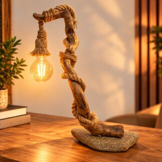 Χειροποίητο επιτραπέζιο φωτιστικό Stone & Wood από καμπυλωτό φυσικό ξύλο με σχοινί, πέτρινη βάση και κρεμαστό λαμπτήρα E27