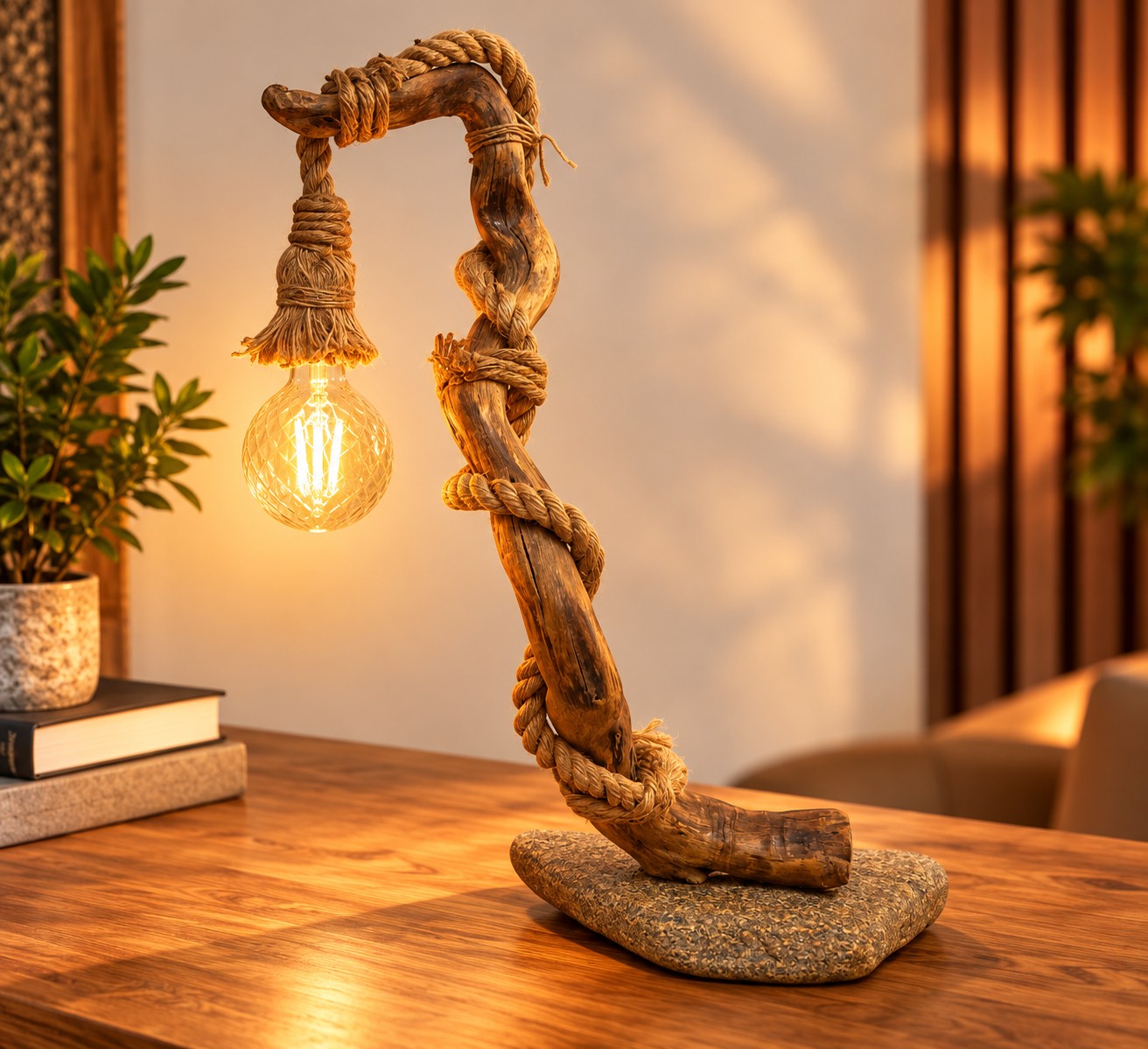 Χειροποίητο επιτραπέζιο φωτιστικό Stone & Wood από καμπυλωτό φυσικό ξύλο με σχοινί, πέτρινη βάση και κρεμαστό λαμπτήρα E27