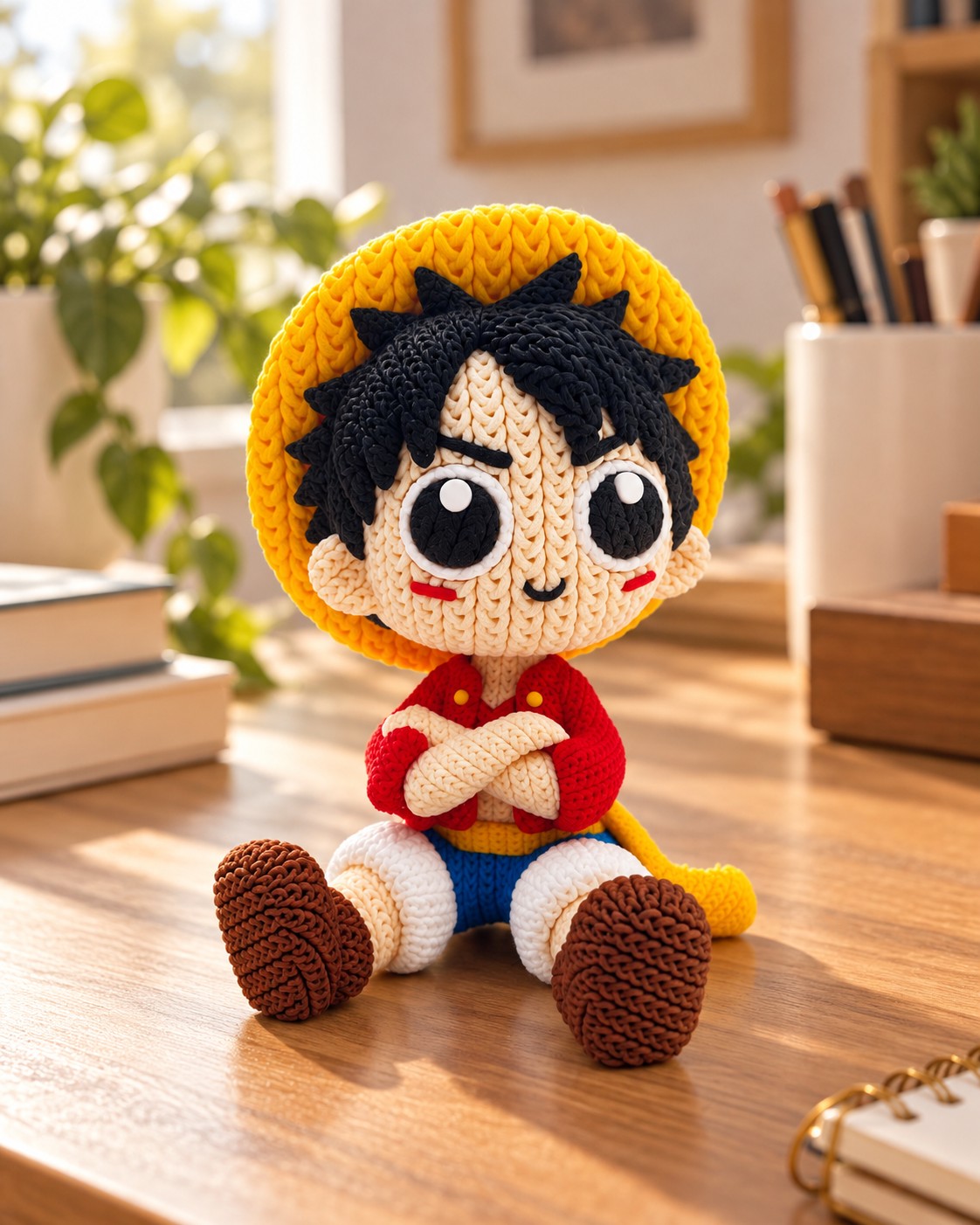 3D Printed φιγούρα Luffy chibi με πλεκτή υφή και ψάθινο καπέλο