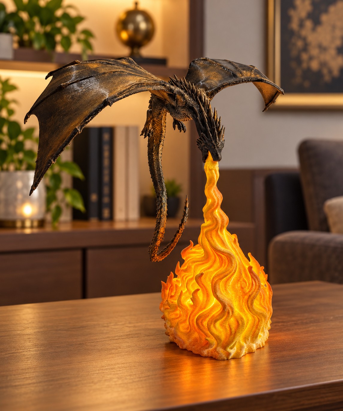 3D Printed φωτιζόμενος δράκος Dragon Fire με μπρονζέ φτερά και πορτοκαλί φωτιζόμενες φλόγες LED USB
