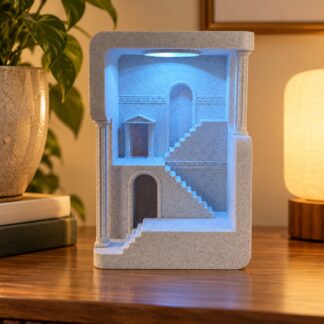 3D printed διακοσμητικό φωτιστικό από PLA με αρχιτεκτονικό σχέδιο, σκάλες, κολώνες και μπλε ατμοσφαιρικό φωτισμό