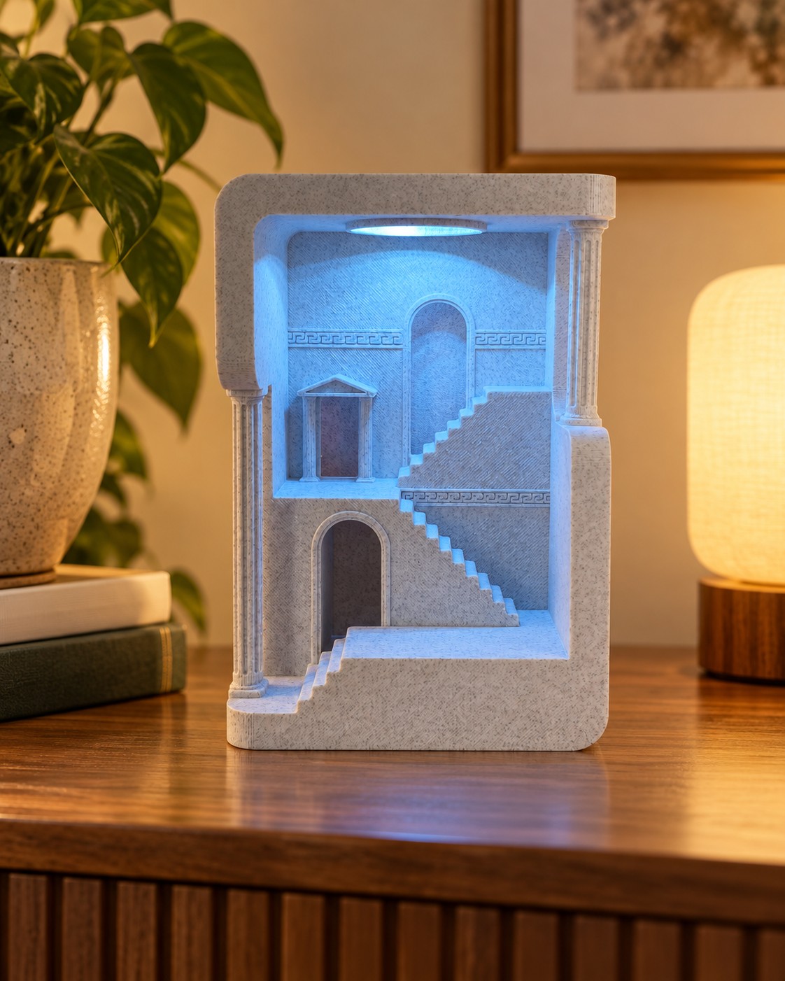 3D printed διακοσμητικό φωτιστικό από PLA με αρχιτεκτονικό σχέδιο, σκάλες, κολώνες και μπλε ατμοσφαιρικό φωτισμό