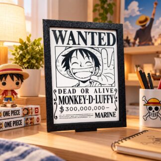Διακοσμητικό κάδρο One Piece Luffy Wanted σε ξύλινο γραφείο