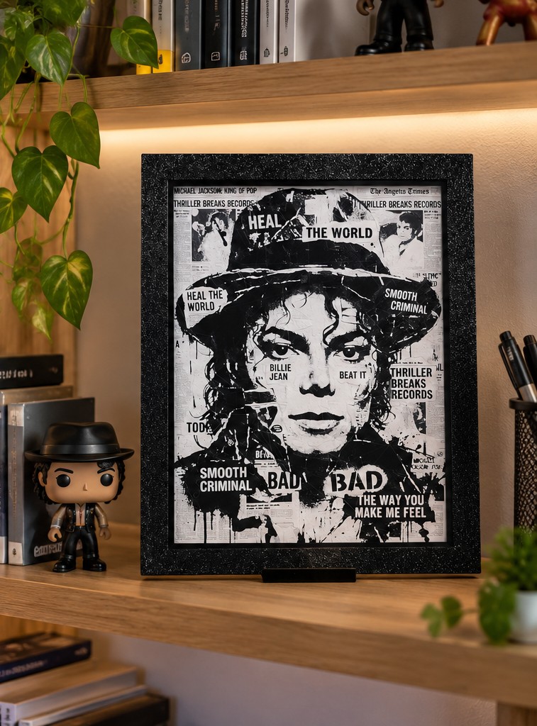 Διακοσμητικό κάδρο Michael Jackson King of Pop με ασπρόμαυρο μουσικό κολάζ σε ξύλινο ράφι
