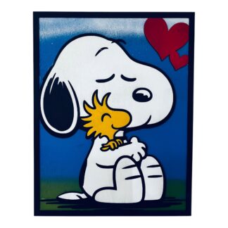 Ξύλινο κάδρο Snoopy και Woodstock αγκαλιά με κόκκινες καρδιές και μπλε φόντο, χειροποίητη βαφή