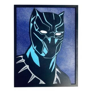 Ξύλινο κάδρο Black Panther Blue Portrait με χειροποίητη βαφή, μαύρη μάσκα, γαλάζιες λεπτομέρειες και μπλε μωβ φόντο.