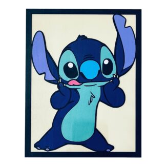 Ξύλινο κάδρο Stitch με μπλε αποχρώσεις, χαριτωμένη πόζα και μαύρο πλαίσιο
