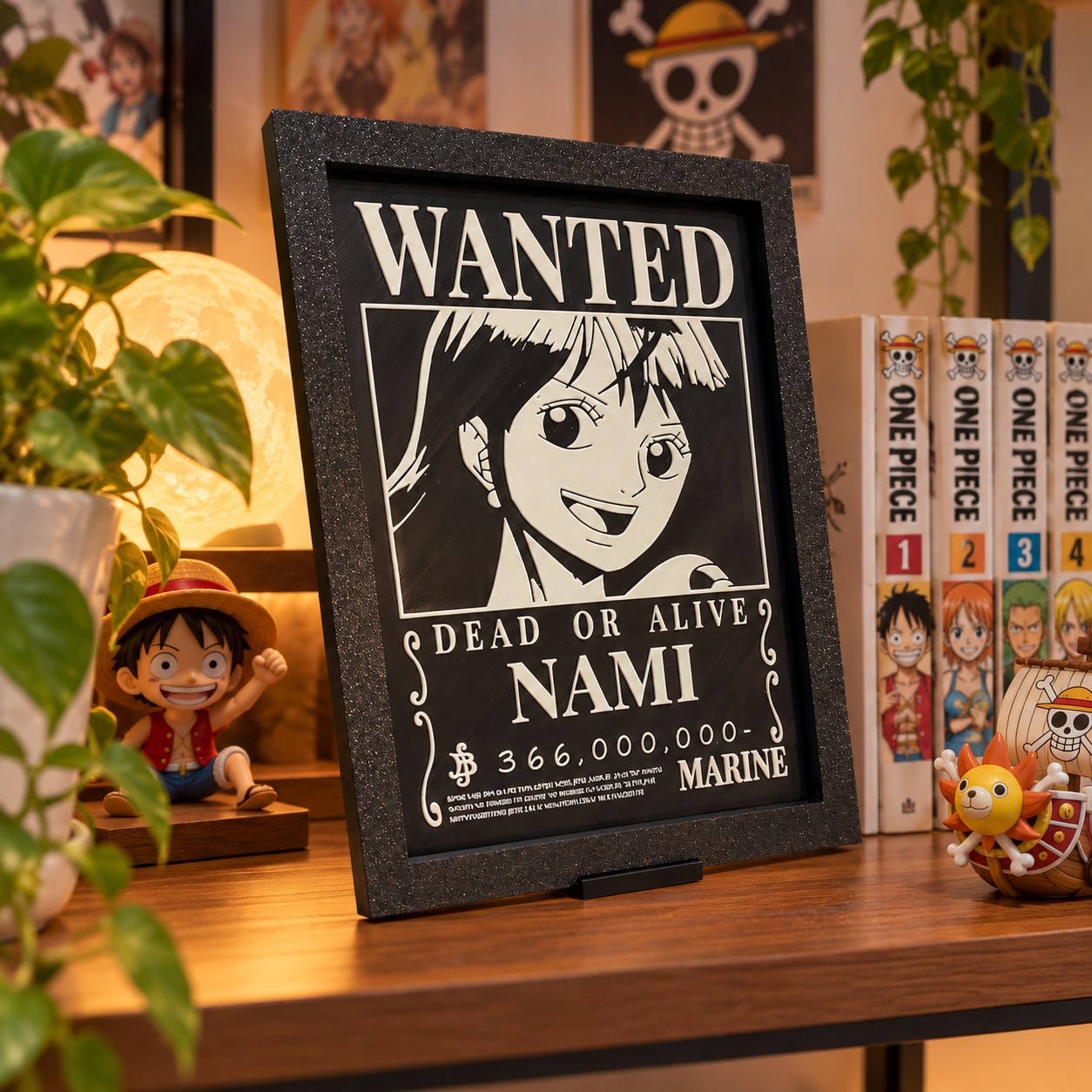 3D εκτυπωμένο κάδρο Nami Wanted από το One Piece με μαύρο πλαίσιο