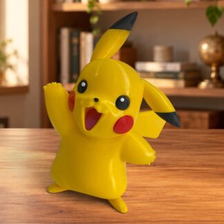 Κίτρινη 3D Printed φιγούρα Pikachu από PLA με χαρούμενη έκφραση, σηκωμένο χέρι και κόκκινα μάγουλα