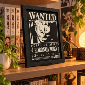 Κάδρο One Piece Roronoa Zoro Wanted με μαύρο πλαίσιο πάνω σε ξύλινο γραφείο
