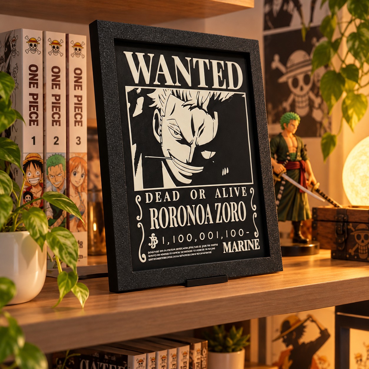 Κάδρο One Piece Roronoa Zoro Wanted με μαύρο πλαίσιο πάνω σε ξύλινο γραφείο